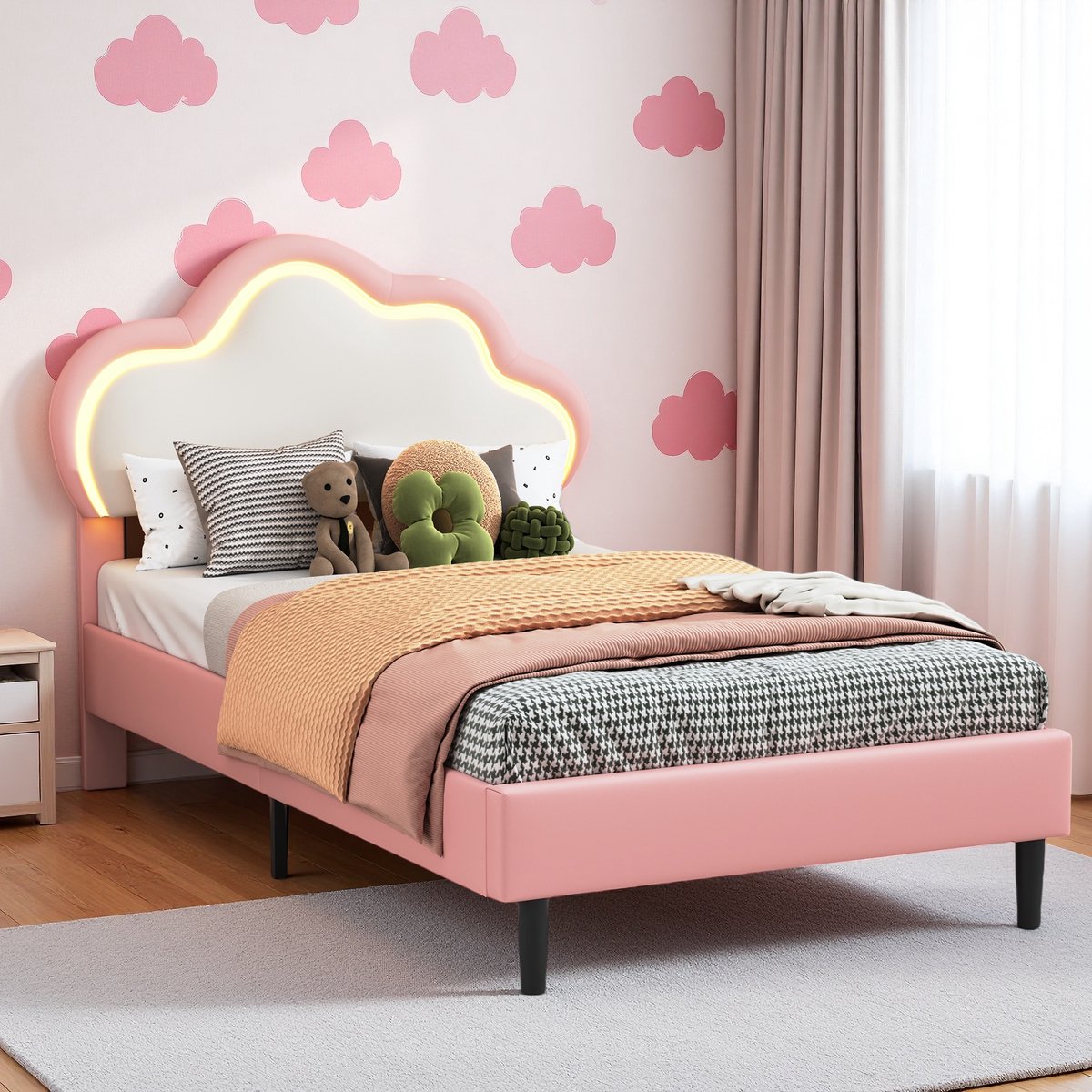 ROSAHQNDA Kinder eenpersoonsbed 90x200cm met ledverlichting, verstelbaar wolkvormig hoofdeinde, voor meisjes, in kunstleer, zonder matras Roze-Wolken bed