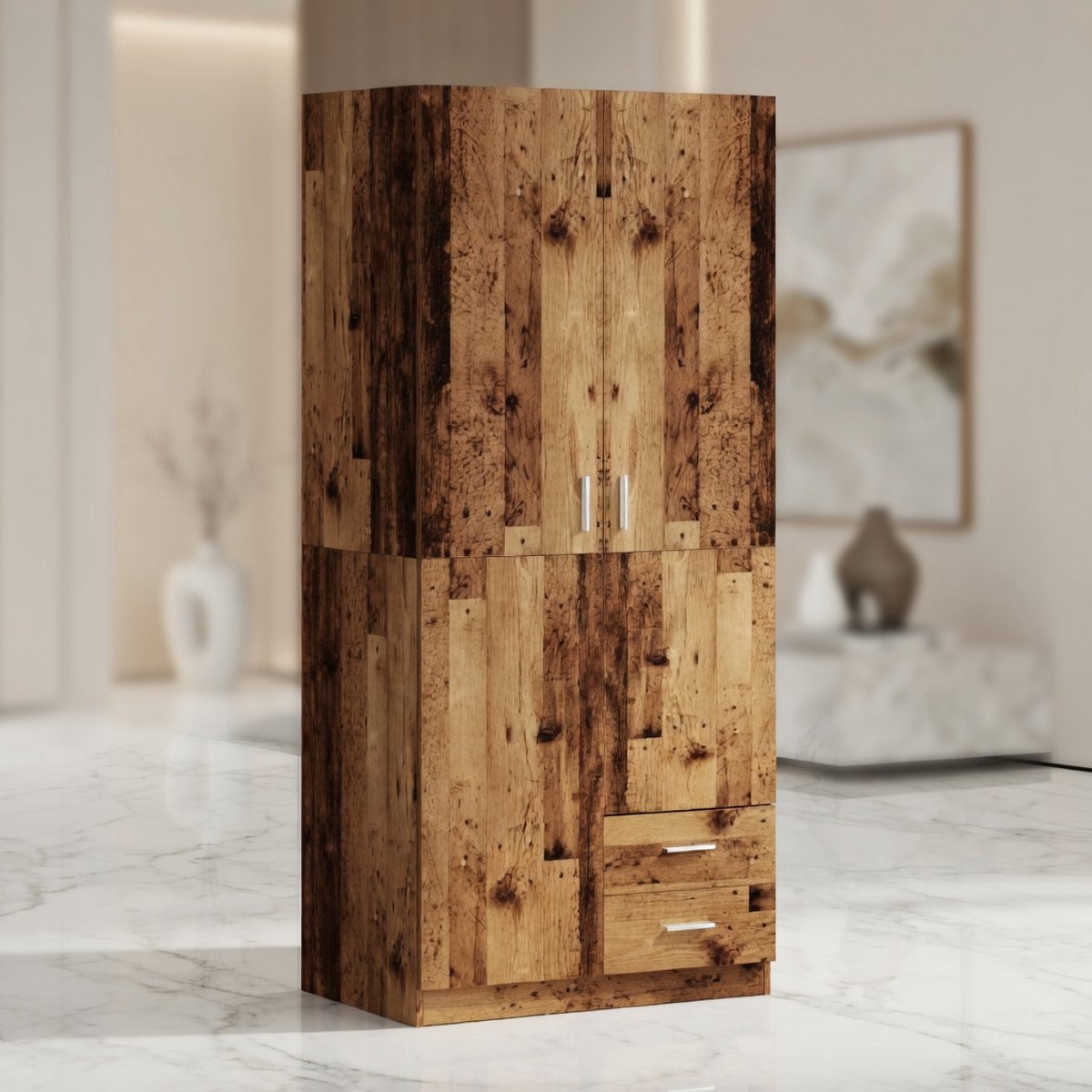Oud Houten Kledingkast 80x52x180 cm met Lades en Kledingstang – Industriële Slaapkamerkast met Veel Opbergruimte – House & Graden