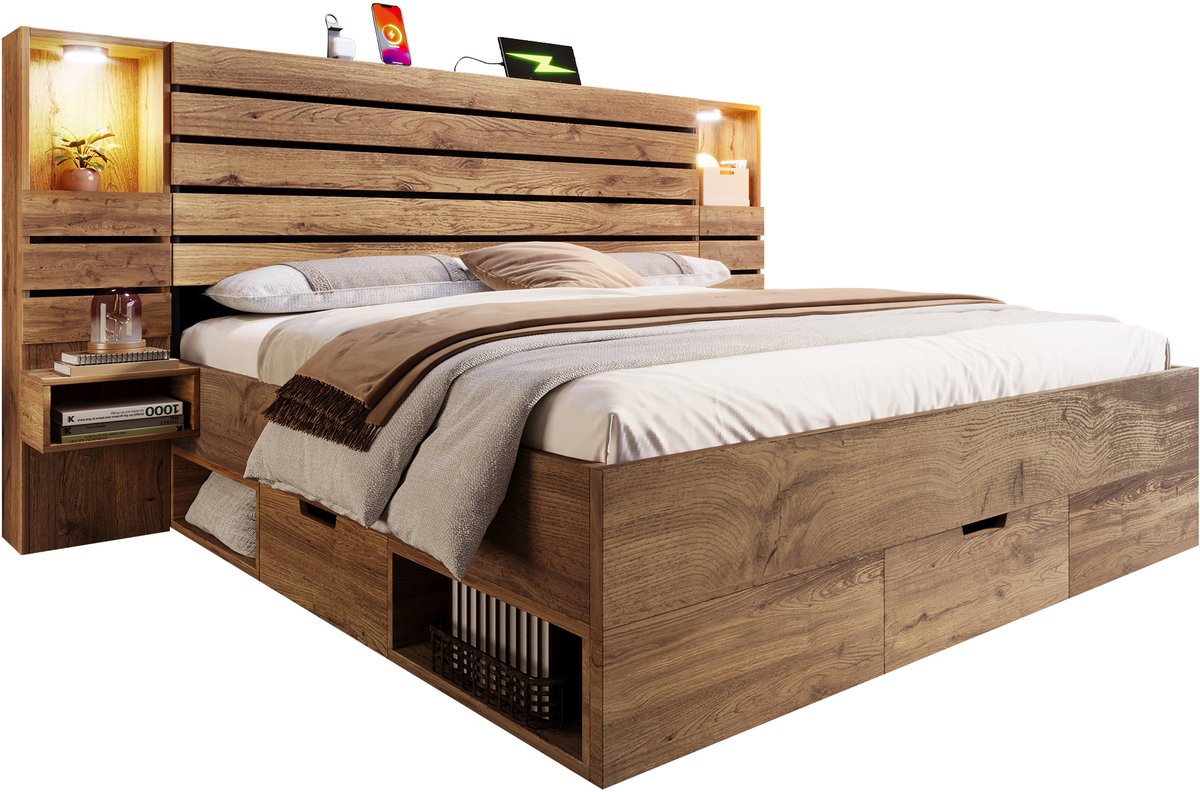 Wishdor Tweepersoonsbed 160 x 200 cm – Touch-LED-Spots en USB-C – Zwevende Nachtkastjes – 
