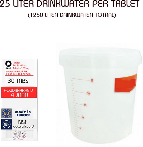 LevinQ Oasis 20 x Waterzuiveringstabletten - Houdbaar tot 2027! - 25 liter Veilig drinkwater per tablet NATO/NSF goedgekeurd + LevinQ® Handschoenen PE van LevinQ — afbeelding 2