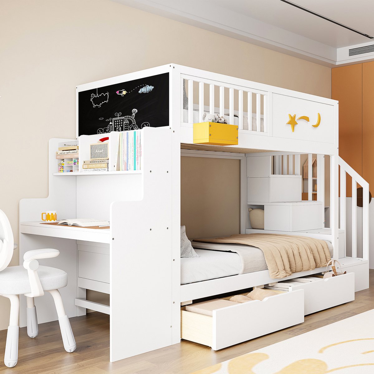 Wishdor Stapelbed 90 x 200 cm - Opberglades en Bureau met Tekenbord - Geïntegreerde Trap met Opbergvakken - Speels Geel Sterrenmotief - Geschikt voor Kinderslaapkamer - Volledige Montage Vereist - Massief Grenenhout, Multiplex en MDF - Wit