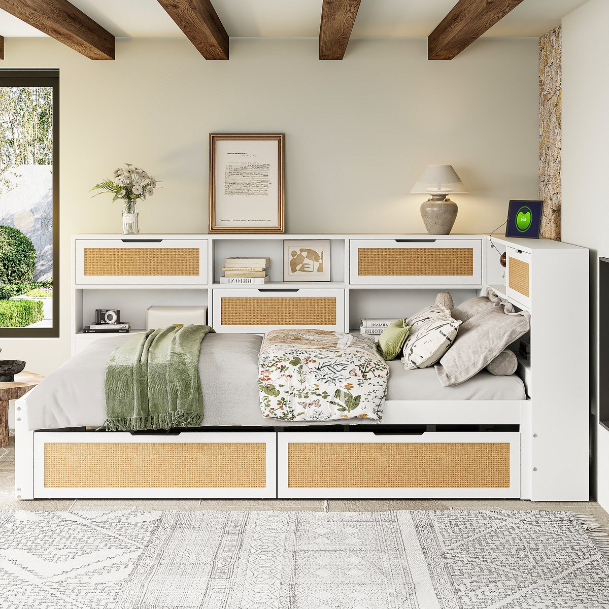 Wishdor - Slaapbank - Met Opbergruimte En Laadpunten - Moderne Stijl - Voor Logeerkamer - Hout - Wit - 140 X 200 Cm