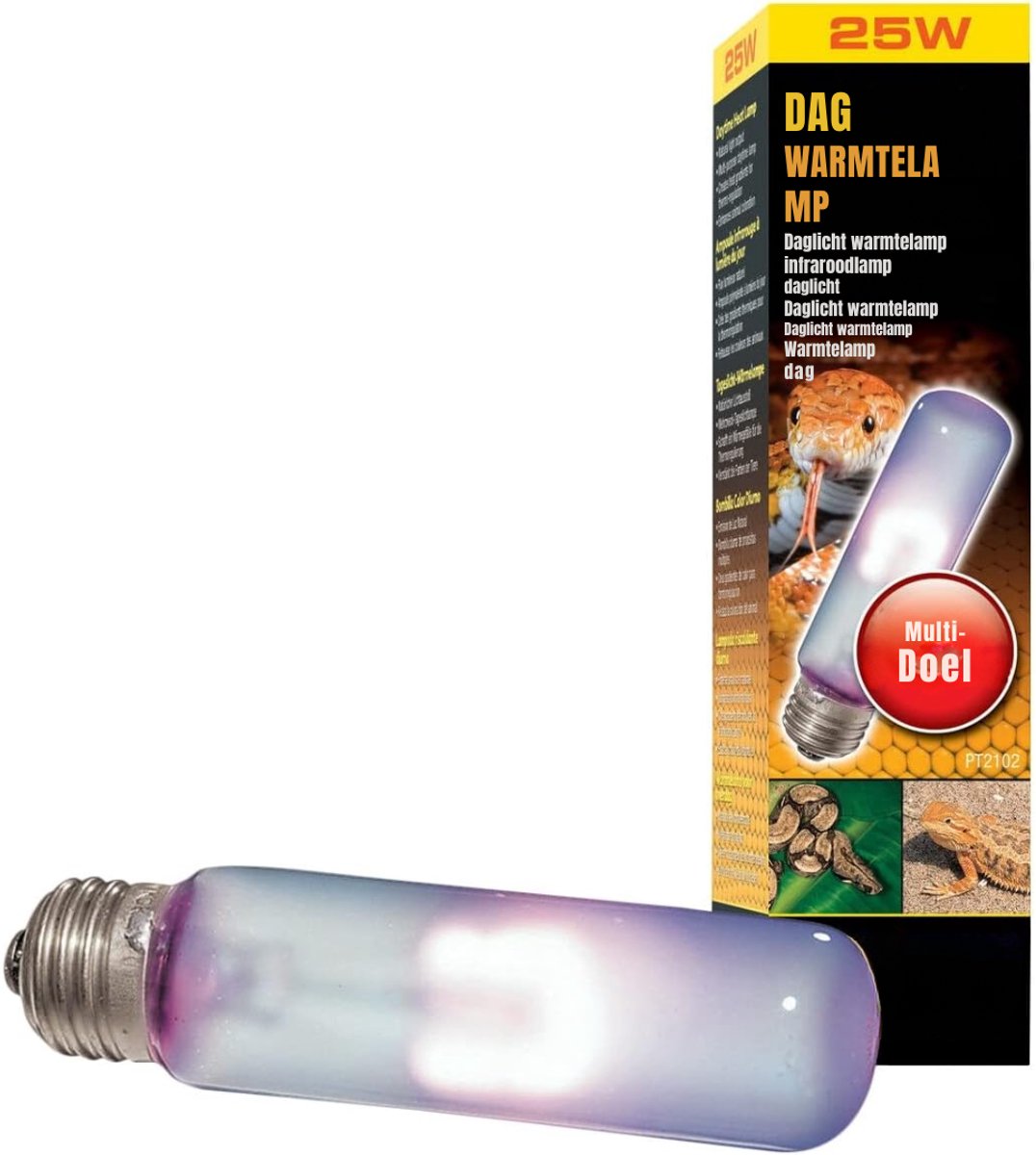 DYNA® Warmtelamp reptielen - Daghittelamp, Breedspectrum Daglichtlamp, T10, 25W, E27 fitting - Wit- 4cm x 4cm x 14cm