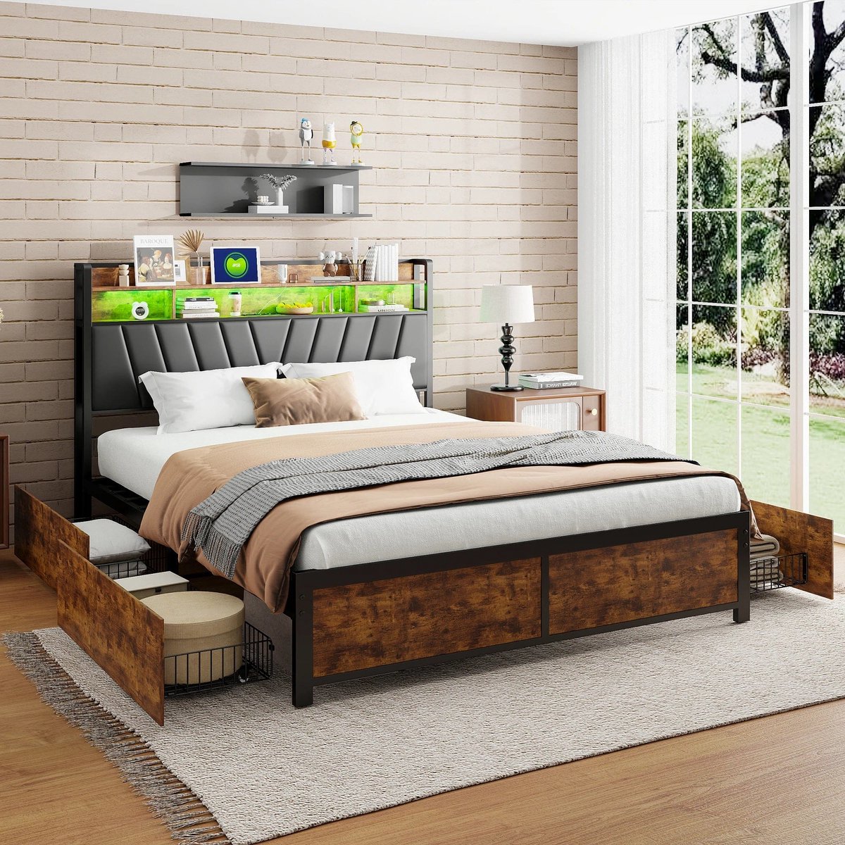 Tweepersoonsbed – 2-Persoonsbed – Bed Met Opberglades – Bedframe – Stalen Bed – 180x200 cm – 4 Opberglades Met Wieltjes – Stevig Staal En Hout Design