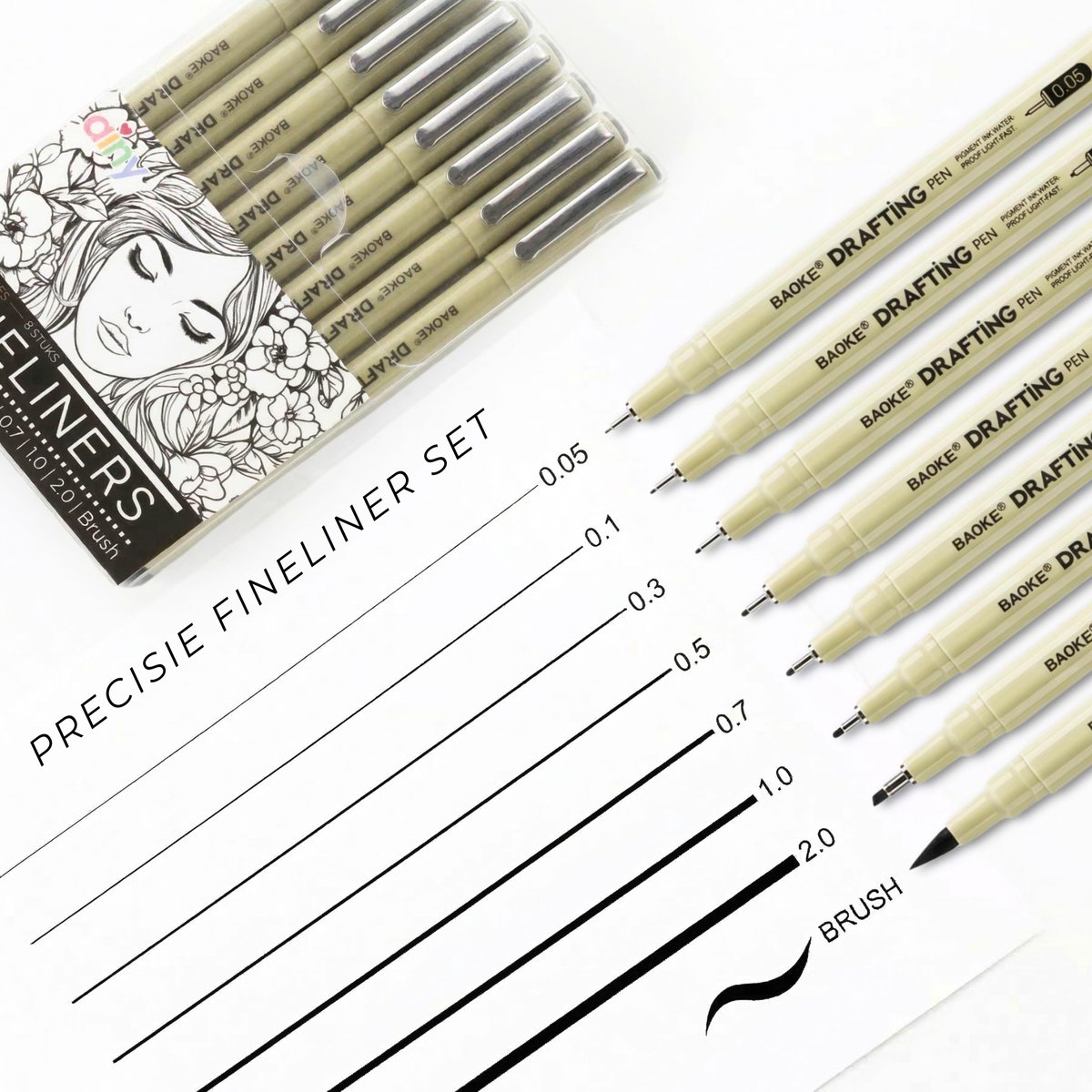 Ainy - Teken Fineliners Acht watervast - set van 8 zwart fineliner | fine liner kawaii manga / anime tekenen op schetsboek | bullet journal | handlettering | Pigment liner penselen | calligraphy pennen — afbeelding 5