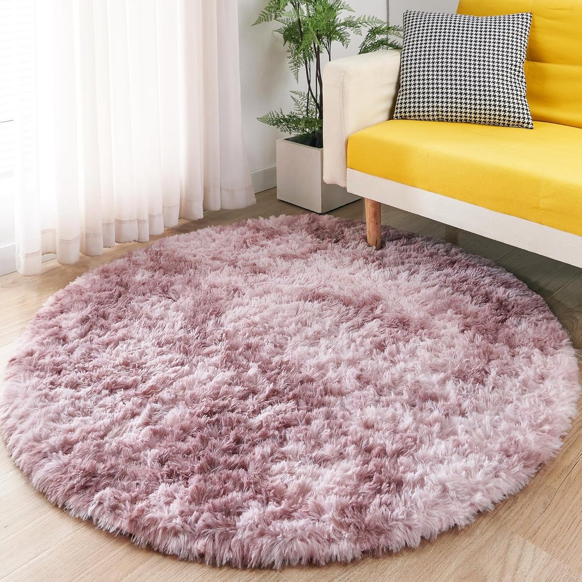 Rond Hoogpolig Vloerkleed 150 cm Paars Roze - Wasbaar en Antislip voor Slaapkamer, Woonkam