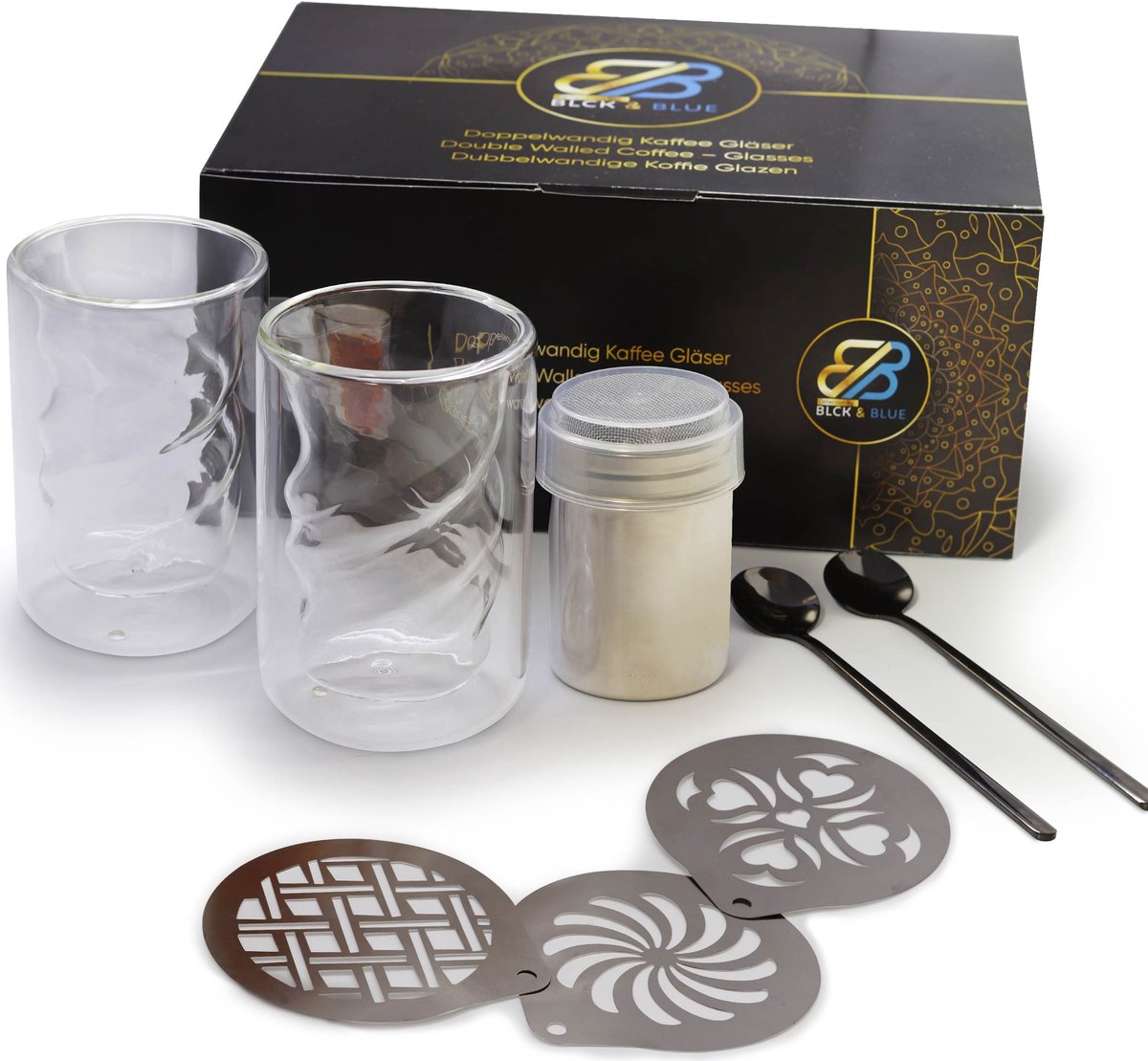 COLLECTION By BLCK & BLUE – Unieke Spiraalvormige Dubbelwandige Cappuccino Latte Macchiato Thee Kopjes - Thermo borosilicaat Glas Set Vaatwasmachinebestendig - Met Zwarte Lepels En Koffie Accessoires