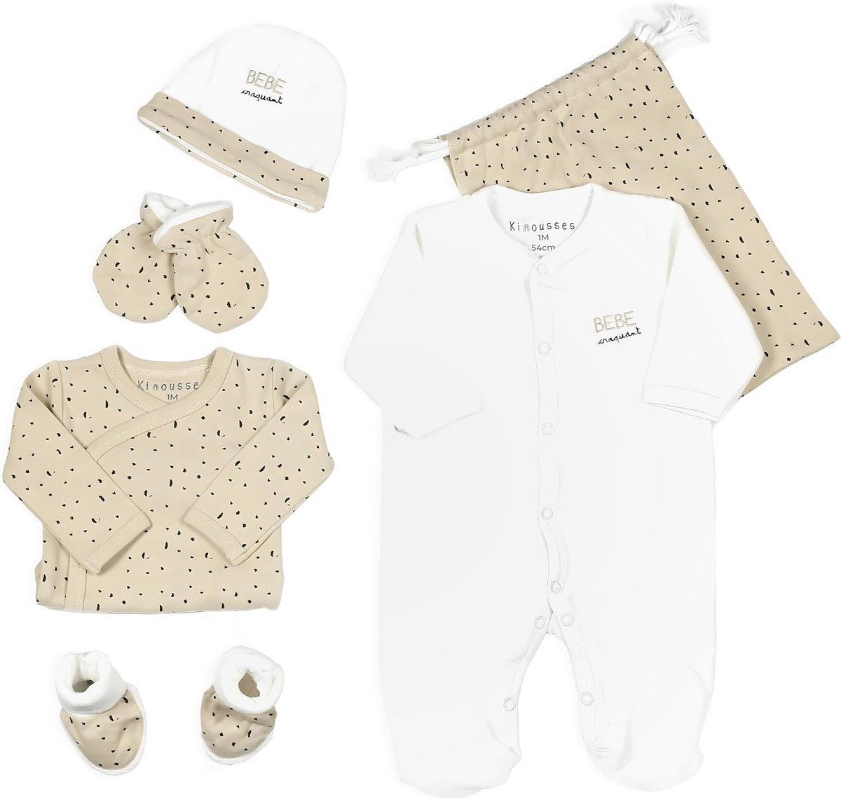 Geboorteset voor baby's - 6 stuks (pyjama, bodysuit, muts, pantoffels, wanten en opbergtas) - uniseks - fluweel - 1 maand