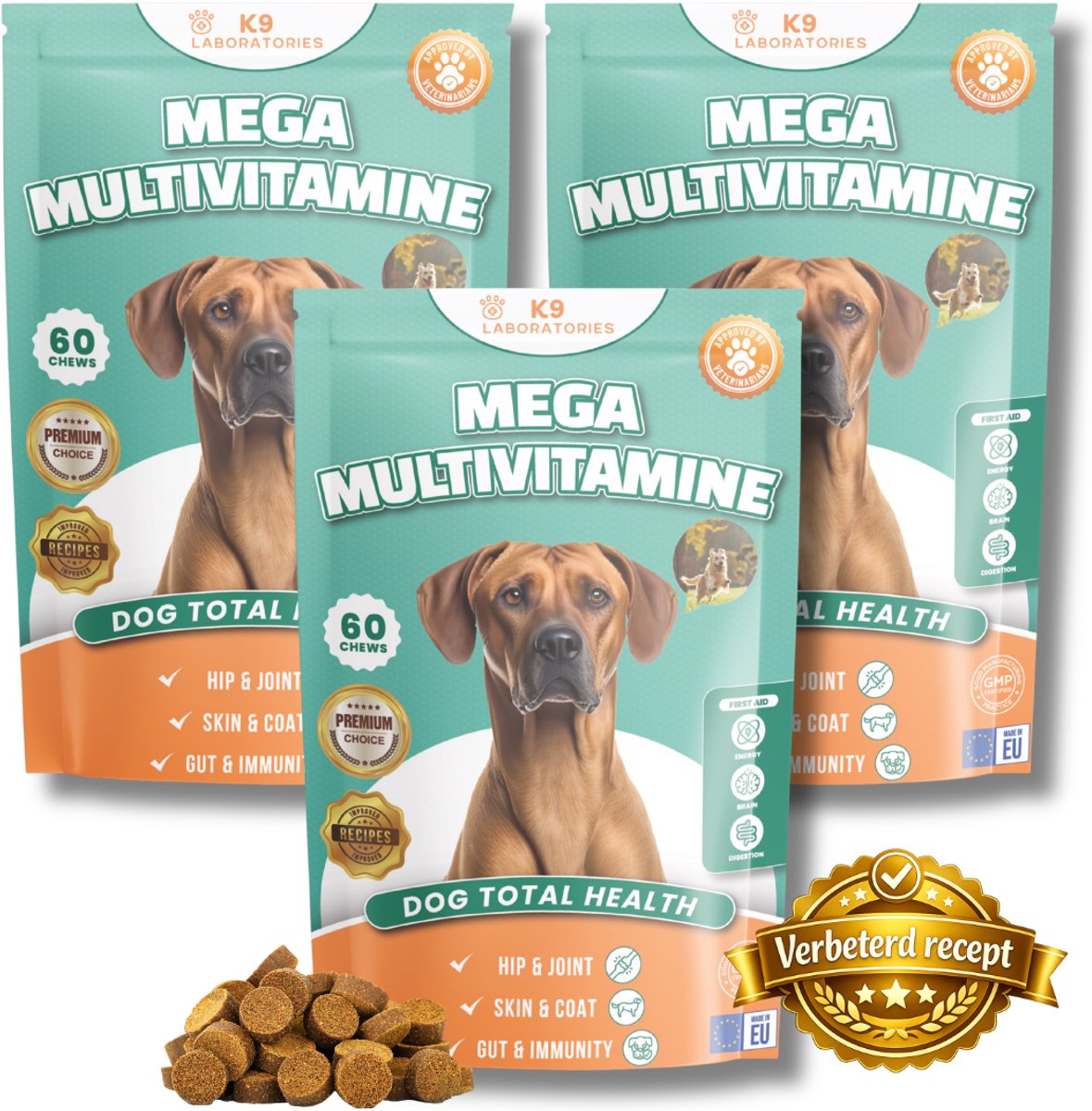 K9 Laboratories Multivitamine Hond - Supplement Hond - Hondensnoepjes - Gezonde Hondensnacks - 180 stuks - 10 in 1 Vitamine - Weerstand Hond - Ondersteunt het Immuunsysteem - Senior