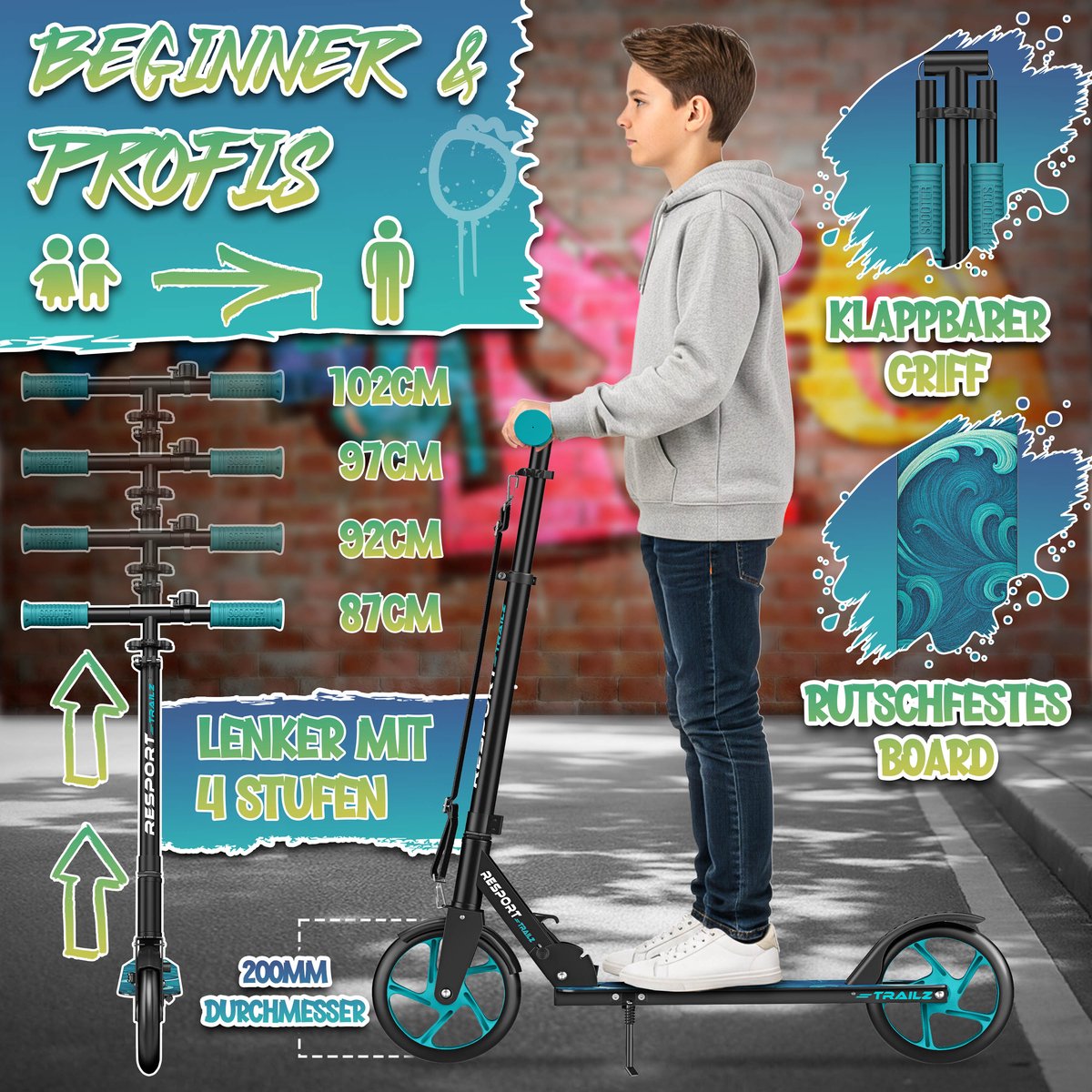 RE:SPORT Citystep voor Kinderen & Volwassenen - Kinderstep - Step met Grote Wielen 200mm - Inklapbaar & Verstelbaar - Tot 100kg - Inclusief Bel & Draagriem - Kickscooter