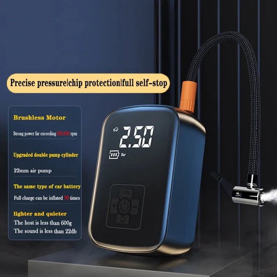 Draagbare Elektrische Bandenpomp - 150 PSI - Draadloos - Digitaal Display - 100W - Automatische Stopfunctie - 5 Opblaasbare Modi - Verlichting - Compressor voor Auto Fiets Bal van Merkloos — afbeelding 4