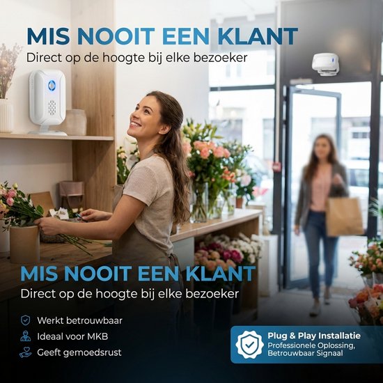 Bloemist met witte deurbel. Vrouw kijkt omhoog, bloemen op toonbank. Vrouw met tas komt binnen. 'MIS NOOIT EEN KLANT'. 'Plug & Play Installatie'.