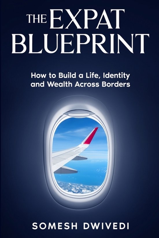 Livre 'The Expat Blueprint' avec une aile d'avion visible par une fenêtre.