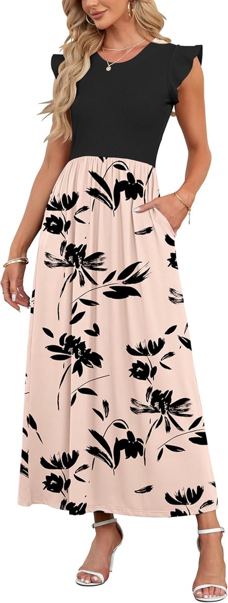 Zomerjurk dames lange rok ronde hals korte mouwen casual met zakken