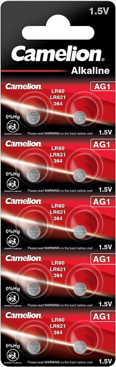Alkaline Knoopcelbatterijen AG1/LR60/LR621/364 - Set van 10, 1,5 Volt, 14 mAh