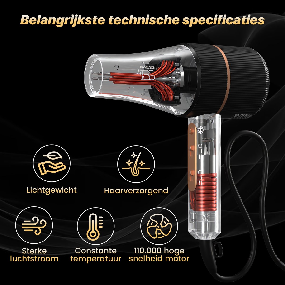 BAESS Föhn met Diffuser - 5 Standen - Ionische Haardroger met Borstel - Retro Haarföhn - Krullen - Hair dryer - Zwart thumbnail 5
