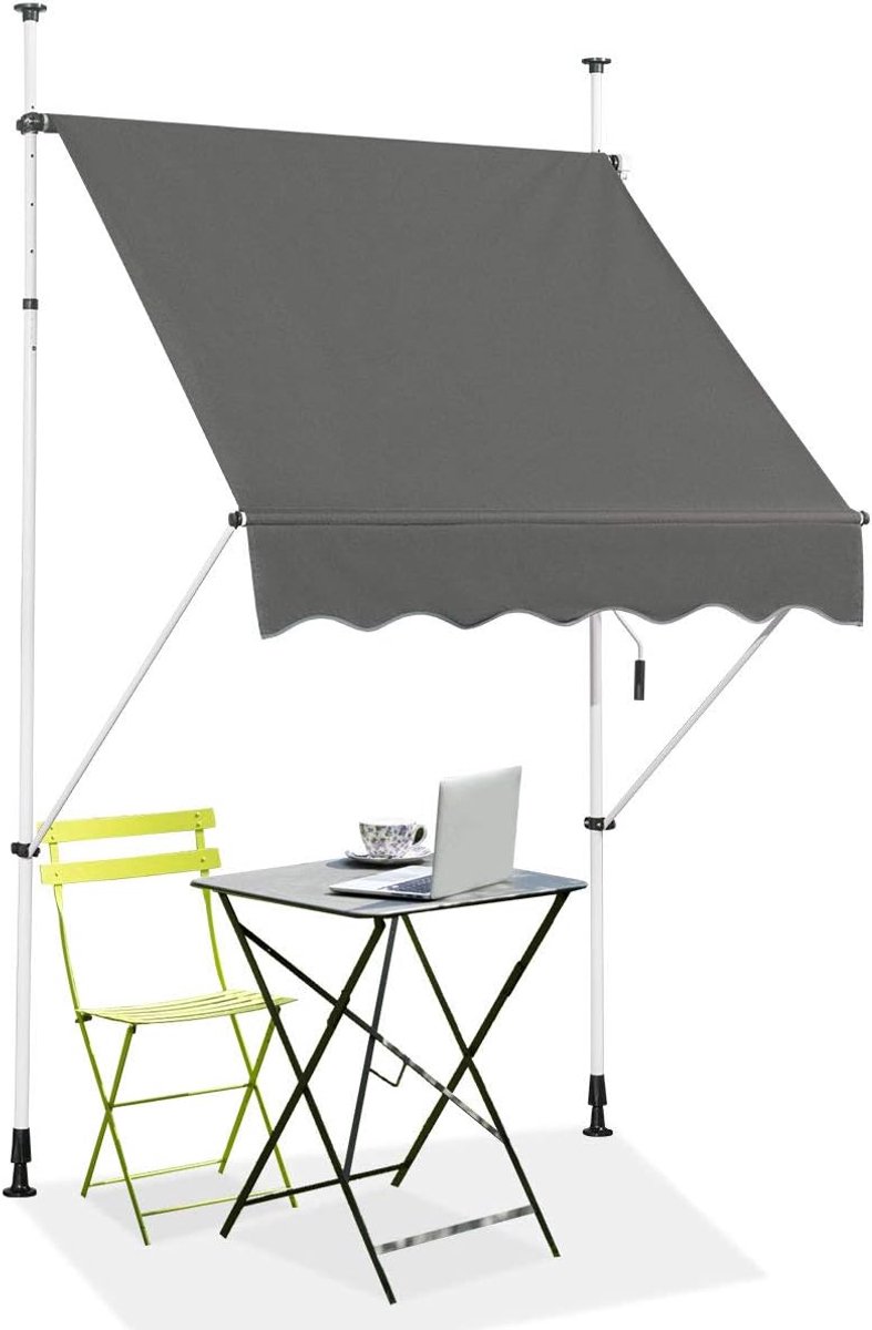 KOMFOTTEU Klemluifel, 150 cm breed, luifel voor balkon, zonder boren, luifel met handslinger, uv-bestendig, in hoogte verstelbaar, waterafstotend, zonwering voor balkon, terras en tuin