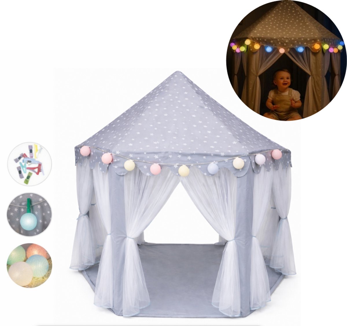 Goodz4All Prinses Tent Speeltent Kasteeltent Kindertent Speelhuisje met Verlichting Grijs