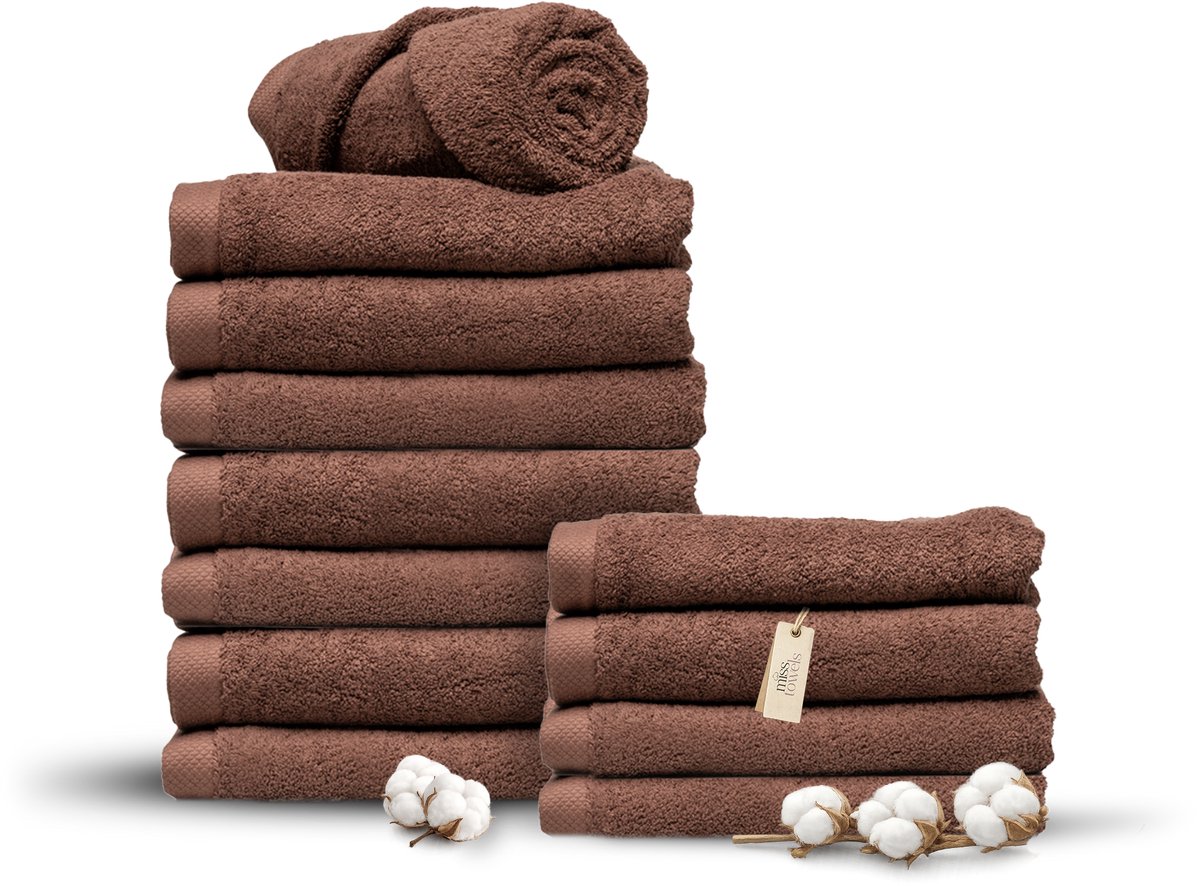 Miss Towels 70x140 Badlakens Set 12 st. - 5 sterren Hotelkwaliteit - Badtextiel - Luxe Badhanddoeken - Zachte Badlakens - ChocoladeBruin - Made in Portugal