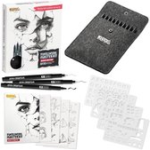 Joya Creative Fineliners Noir Set - 10 Fineliners avec Différentes Épaisseurs - Étui à Stylos - Carnet de Croquis - Pinceau - Lettrage à la Main et Dessin Manga