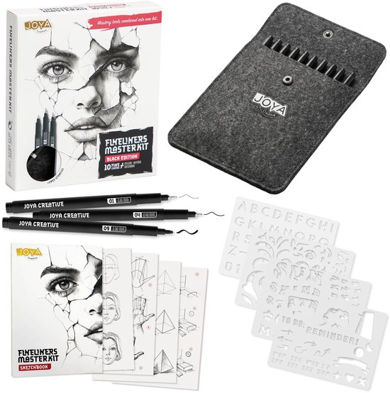 Joya Creative Fineliners Zwart Set - 10 Fineliners met Verschillende Diktes - Pen Case - Schetsboek - Brush Pen - Handlettering en Manga Tekenen