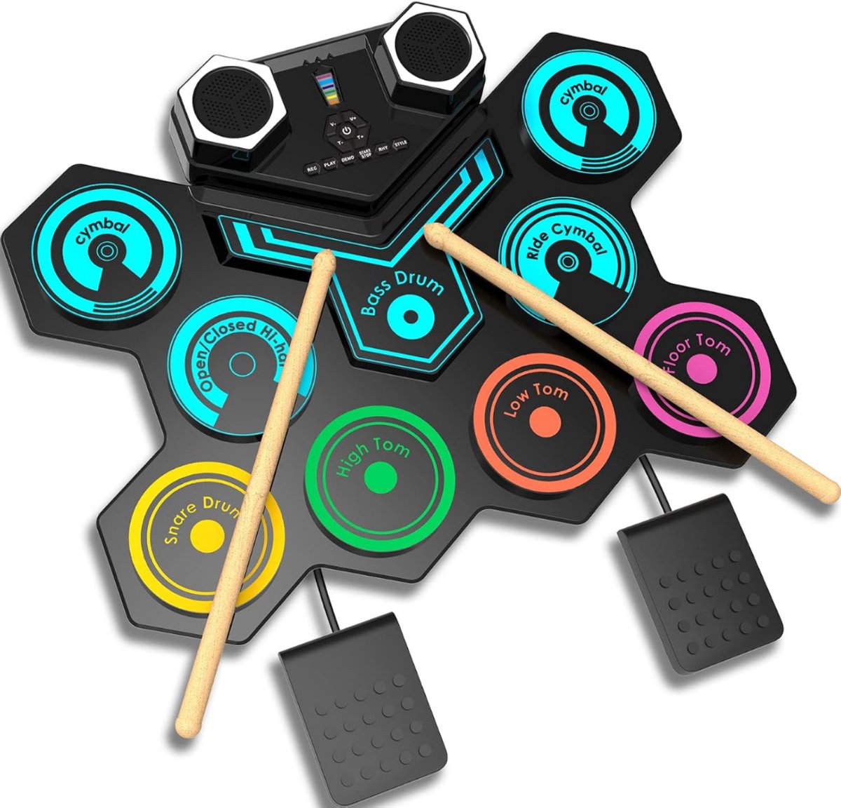 VIN® Elektrisch Drumstel met Drumstokken - Drumstel voor Kinderen of Volwassenen - Drumstel Elektronisch – Drumpad Elektronisch – 9 Drumpads – Geïntegreerde Stereo Luidspekers - Zwart