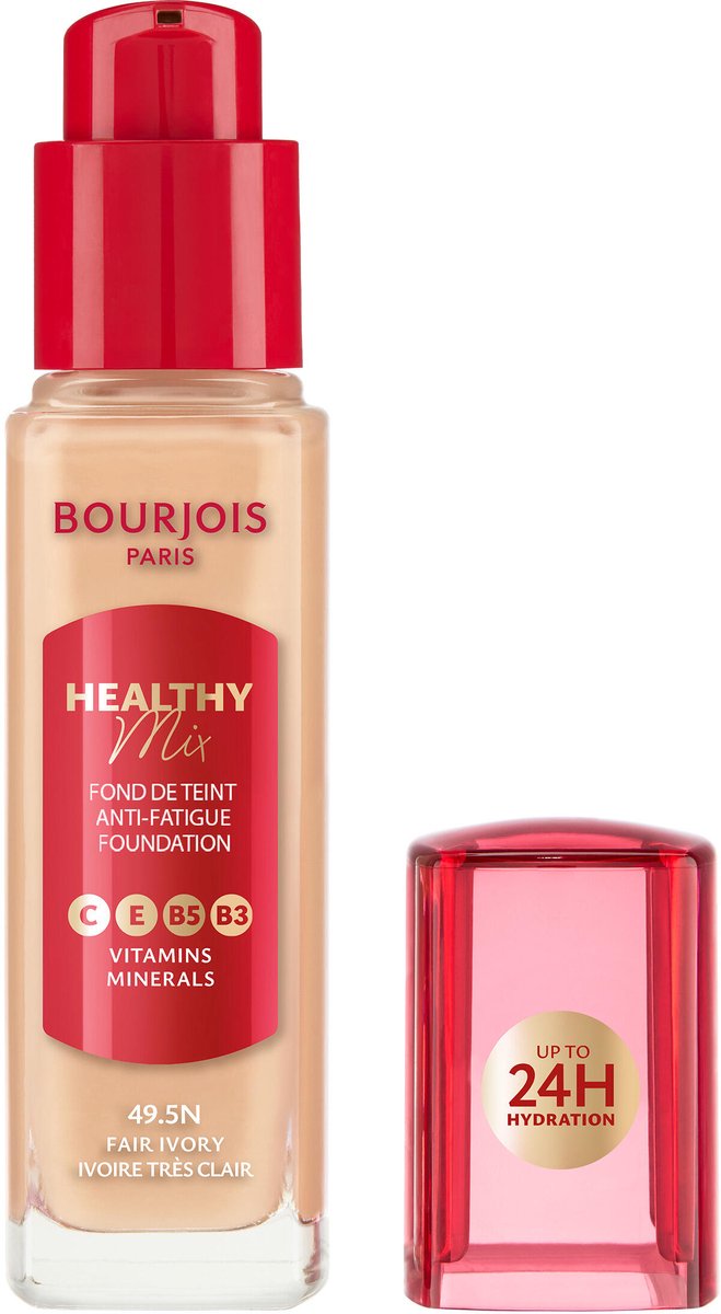 Bourjois Healthy Mix Anti-Fatigue Foundation | Voor een frisse, gezond ogende huid | Met mineralen en vitamine C, E, B3, B5 | Langhoudende, medium dekking | 49,5N Fair Ivory, 30 ml