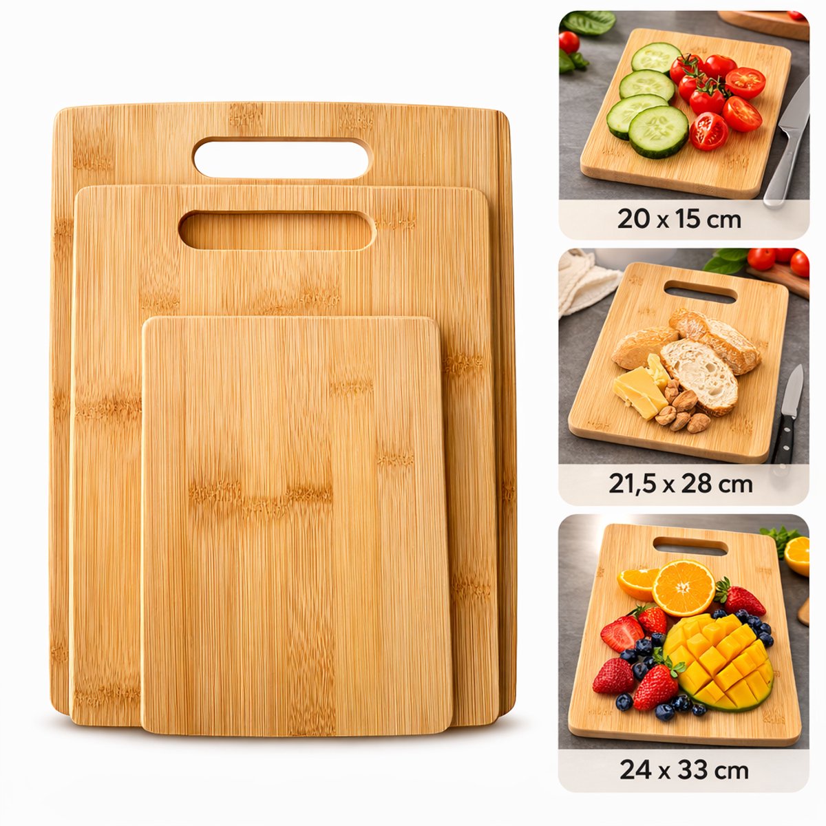 Narvie Bamboe Snijplanken Set 3 Stuks – Duurzaam & Hygiënisch – 20x15 / 21,5x28 / 24x33 cm