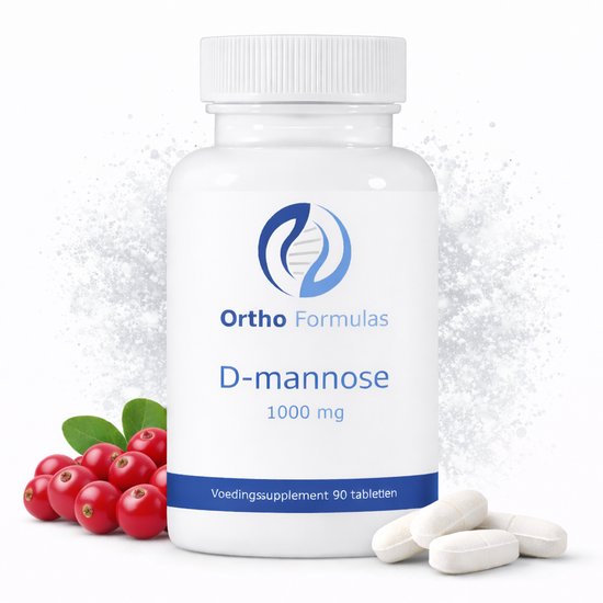 Fles Ortho Formulas D-mannose 1000 mg met cranberry's en tabletten.