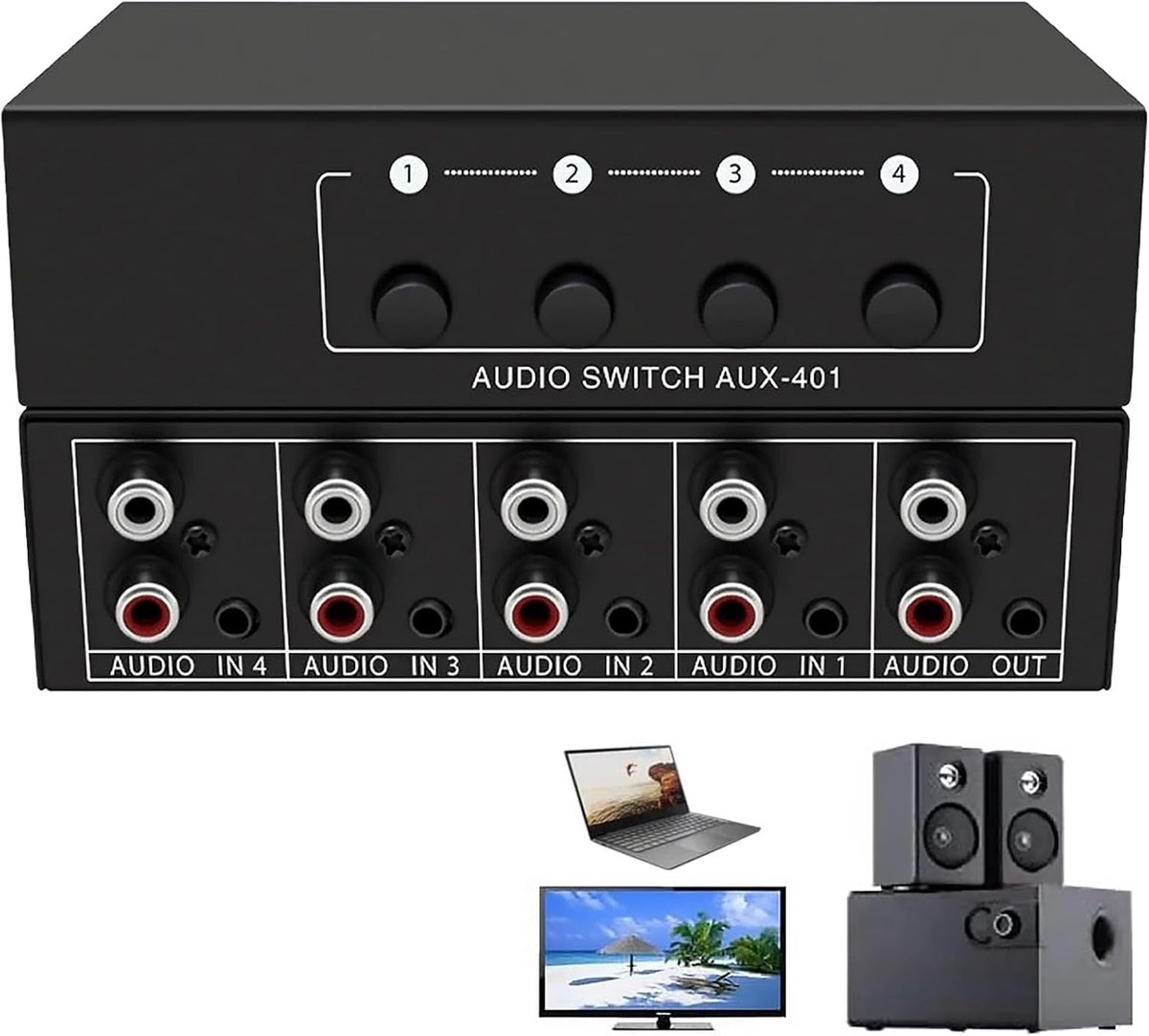4-in-1 Audio Video Splitter met 3.5mm Aux en RCA L/R - Passieve Audio Switch