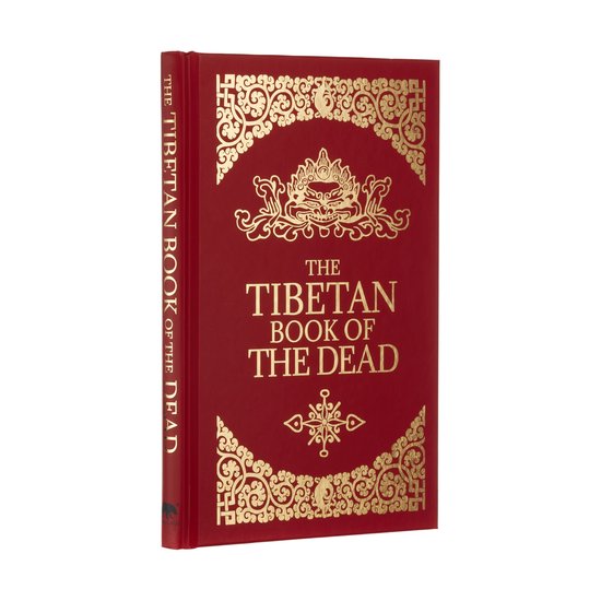 Het Tibetaanse Boek van de Doden, rode kaft met gouden ornamenten en titel.