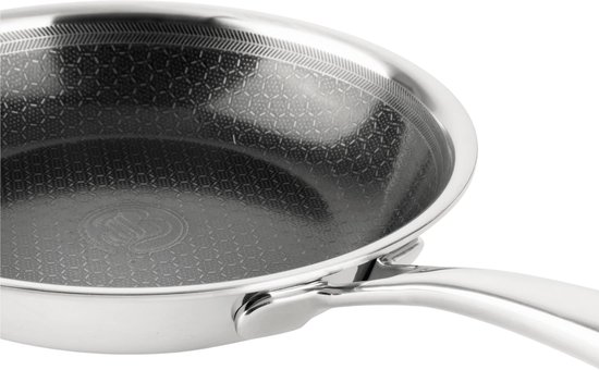 Zilverkleurige koekenpan met honingraatpatroon aan de binnenkant en een gebogen handvat.