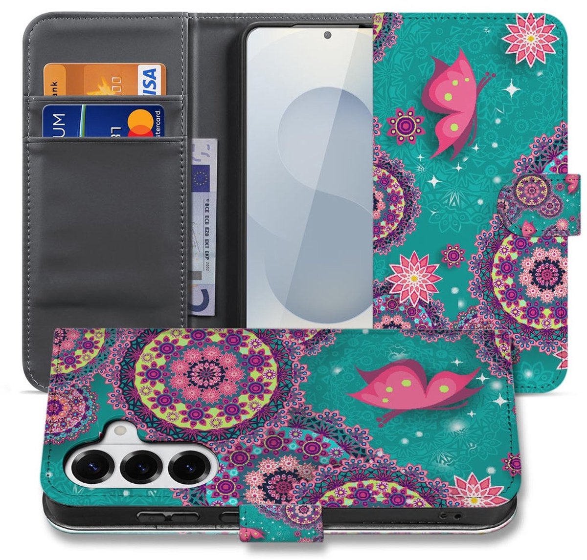 Samsung Galaxy S26 Plus Bookstyle Hoesje Met Pasjes Cirkels en Vlinders
