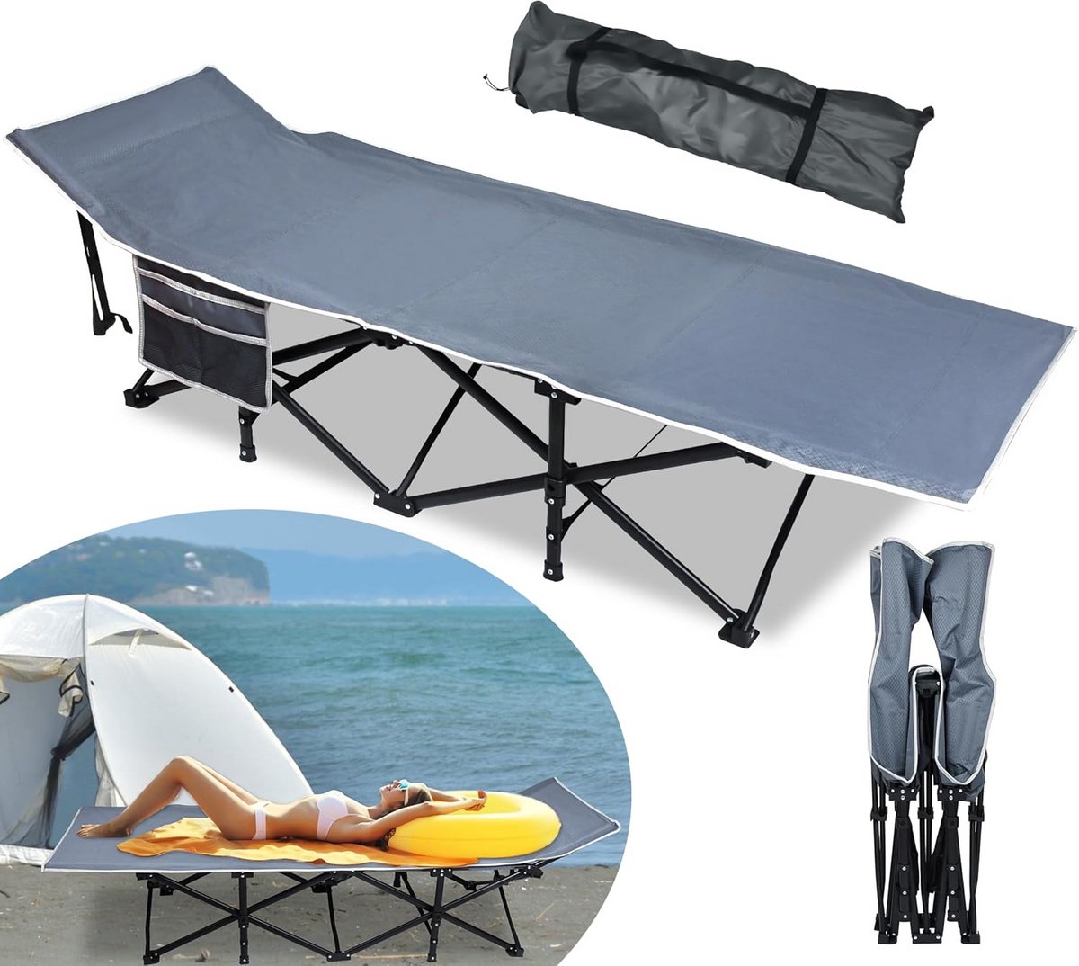 Opvouwbaar campingbed met zijvak en draagtas - 190 x 62 x 38 cm - Hoogwaardige 600D Oxford stof - Tot 250 kg belastbaar - Ideaal voor camping en outdoor