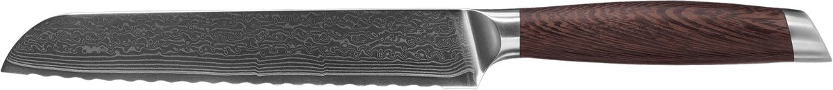 Herman den Blijker - Damascus broodmes 20 cm - Ergonomisch handvat van wengehout - Geschikt voor links- en rechtshandig gebruik - VG10 kern - Handgemaakt keukenmes
