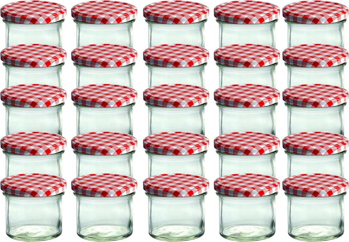 Set van 25 jampotten 125 ml met rood geruit deksel