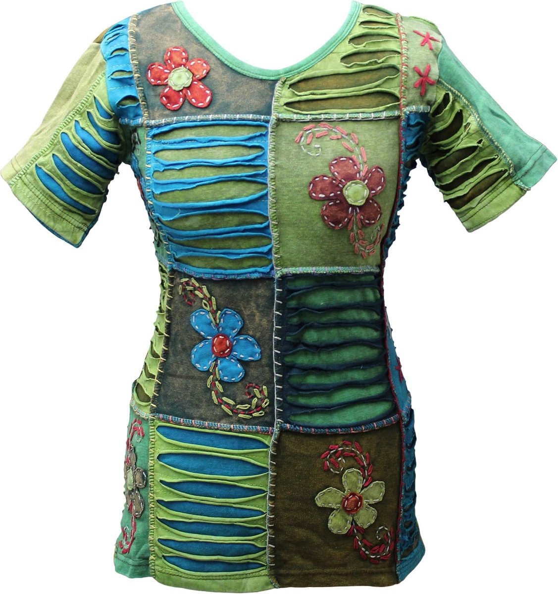Vrouwen Blauw Geborduurd Korte Mouwen Hippy T-shirt