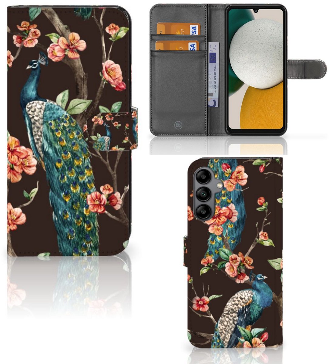 Samsung Galaxy A34 Telefoonhoesje met Pasjes Pauw met Bloemen