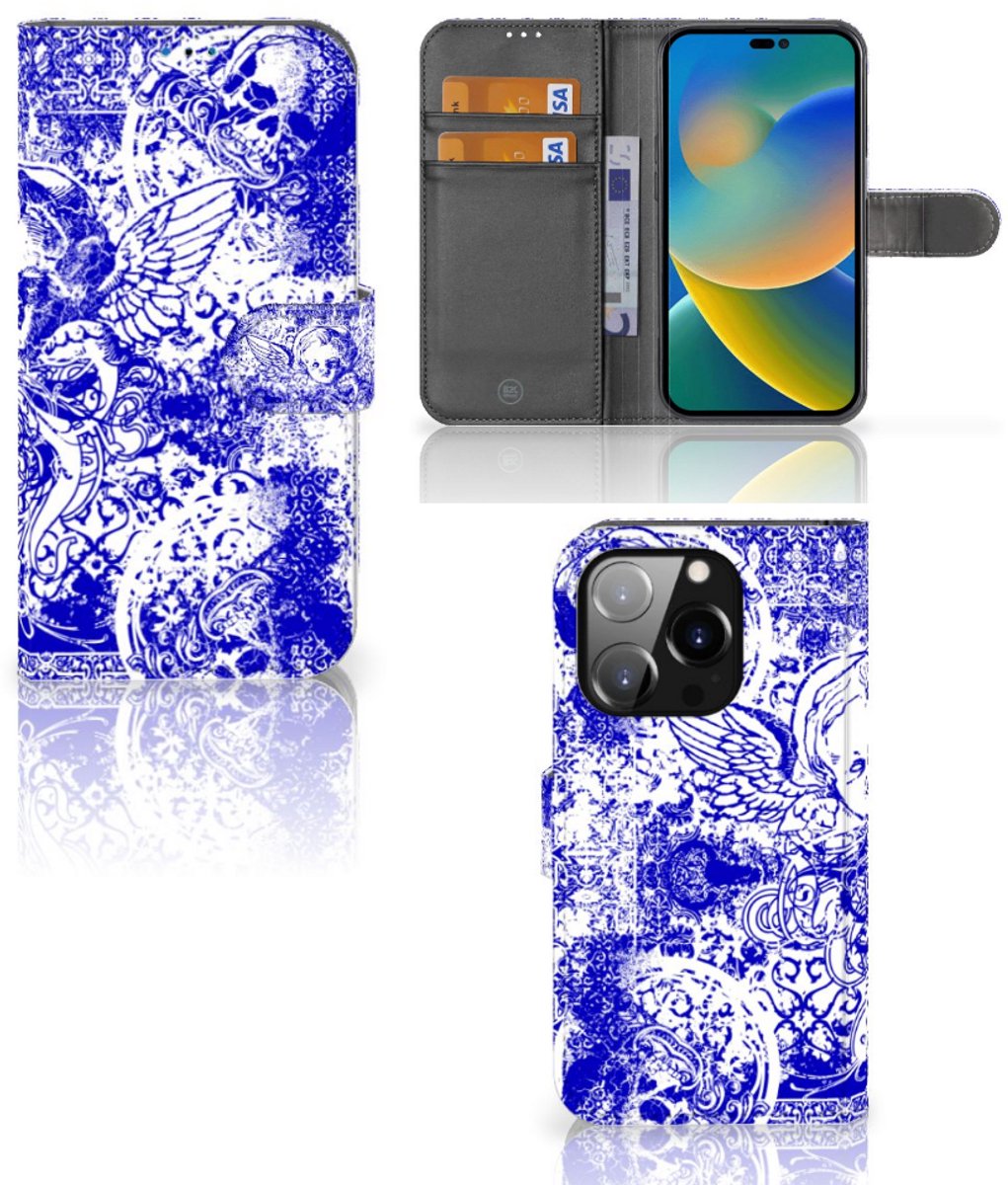 Telefoonhoesje met Naam iPhone 14 Pro Angel Skull Blauw