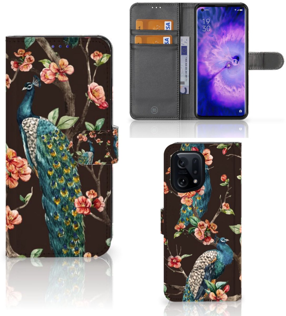 OPPO Find X5 Telefoonhoesje met Pasjes Pauw met Bloemen