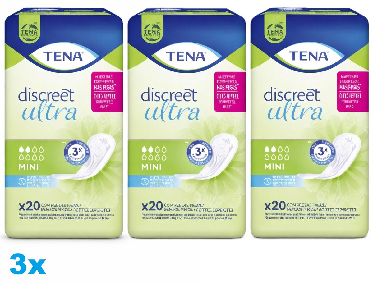 TENA Discreet Ultra Mini Incontinentie Pads – 3 x 20 Stuks – Ultra Dun – Voor Licht Urineverlies