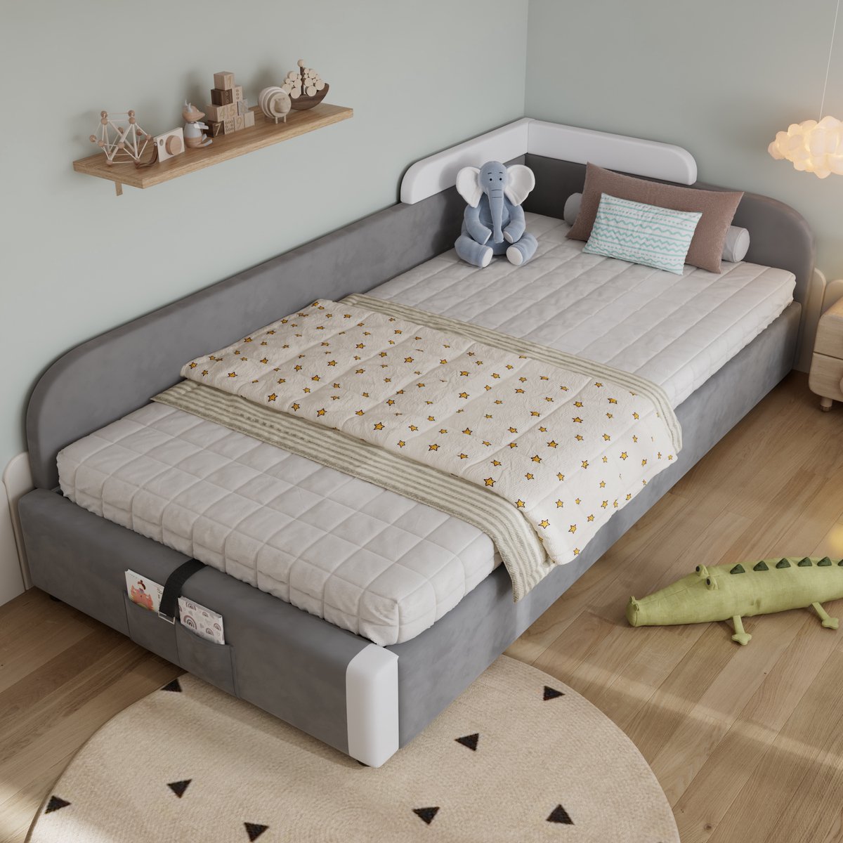 MODFU Kinderbed 90x200 cm – Grijs fluweel – Hydraulische opbergruimte – Zachte verhoogde bedrand – Opbergvak aan voeteneinde Wit + Grijs