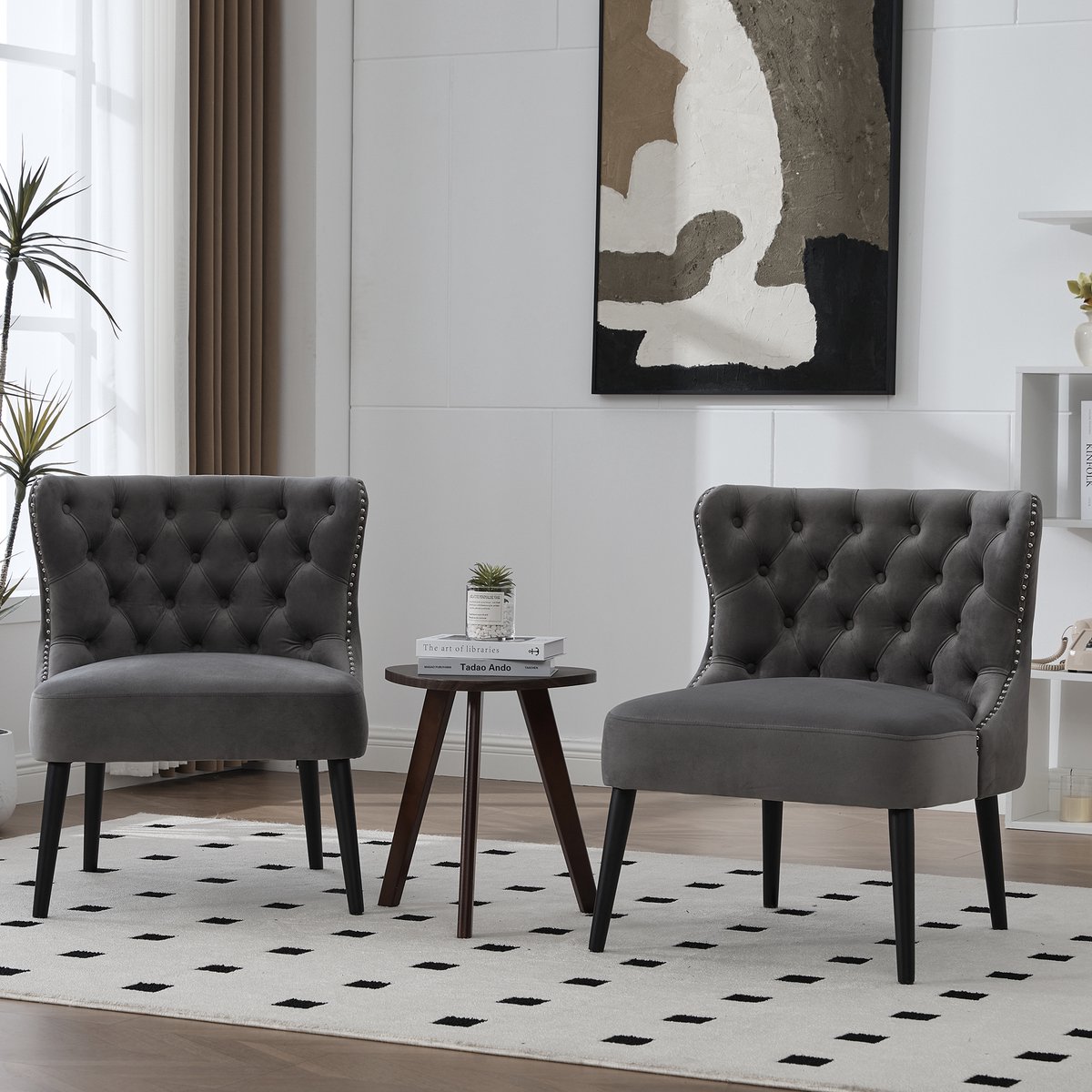 FloraGrace Fauteuil 61 X 65 X 80 Cm - Fluwelen Knopenrug Met Siernagels - Zonder Armleuningen Voor Woonkamer En Slaapkamer - Fluweel - Grijs