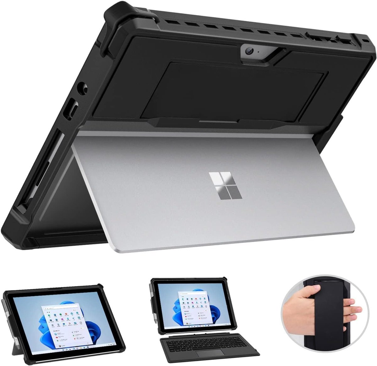Daity Eén alles-in-één beschermhoes voor Microsoft Surface Go 1/2/3/4, met penhouder en polsbandje, compatibel met de Type Cover toetsenbordhoes (zwart).