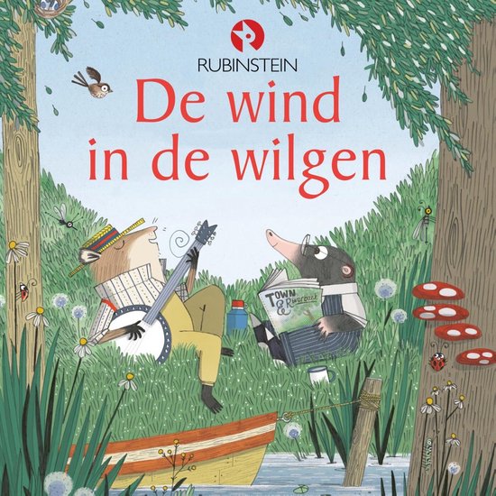 Boekomslag 'De wind in de wilgen' met egel die banjo speelt en mol die leest in een bootje aan water.