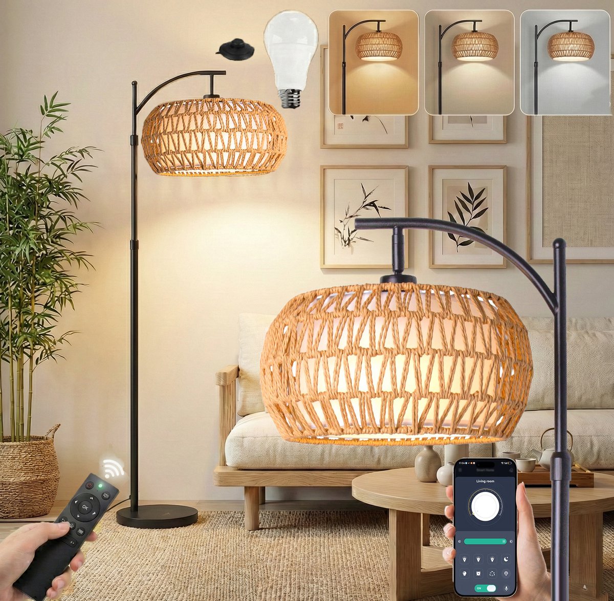 MUPOO Boho Rotan Vloerlamp – Dimbaar & 360° Draaibaar