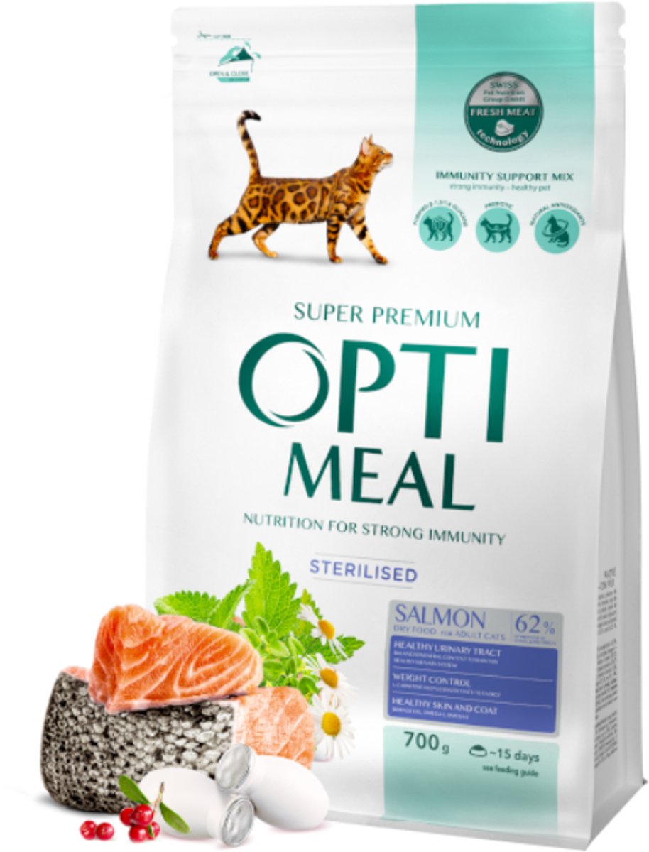 Opti Meal Optimeal™ Volledig Droogvoer voor Gesteriliseerde Katten – Zalm, Urinegezondheid & Gewichtsbeheersing, Super Premium 0,7g