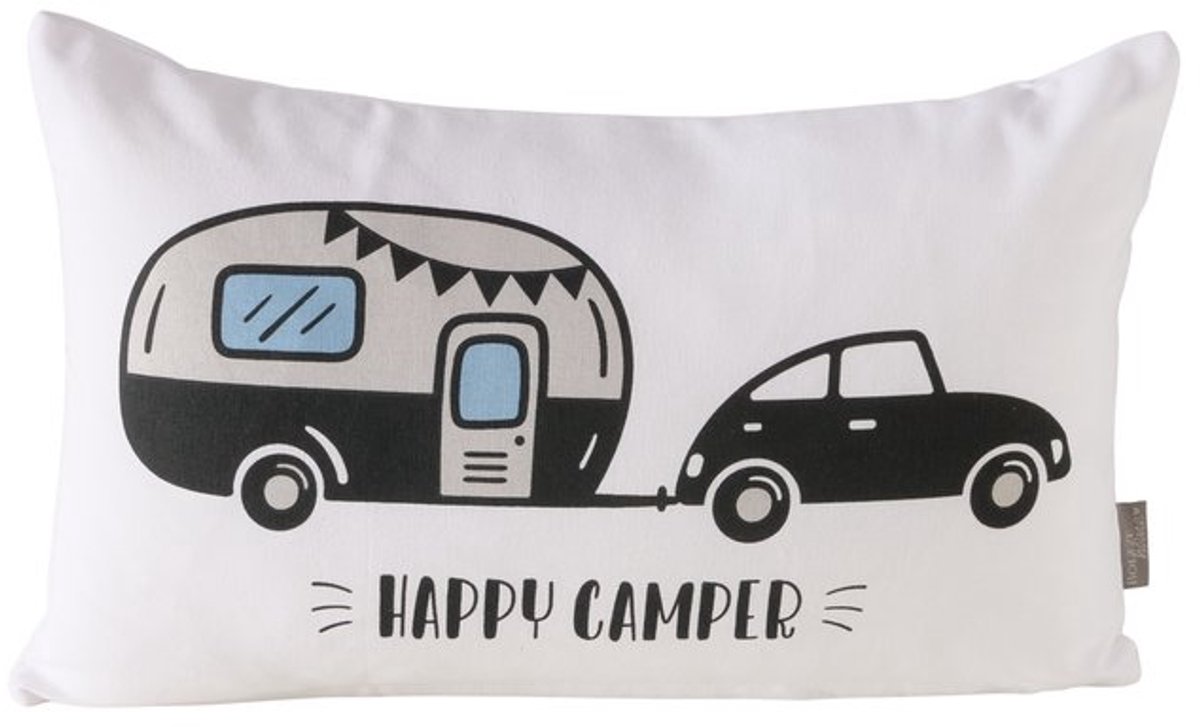 Boltze - Sierkussen - Happy Camper - 50x30 cm - Katoen - Afneembare Hoes met Rits - Camping/Caravan Print