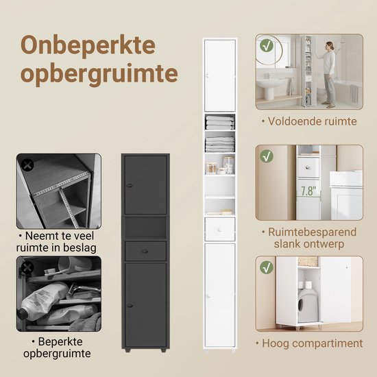 Vergelijking van een zwarte en witte smalle badkamerkast, met de voordelen van de witte kast: voldoende ruimte, slank ontwerp en hoog compartiment.