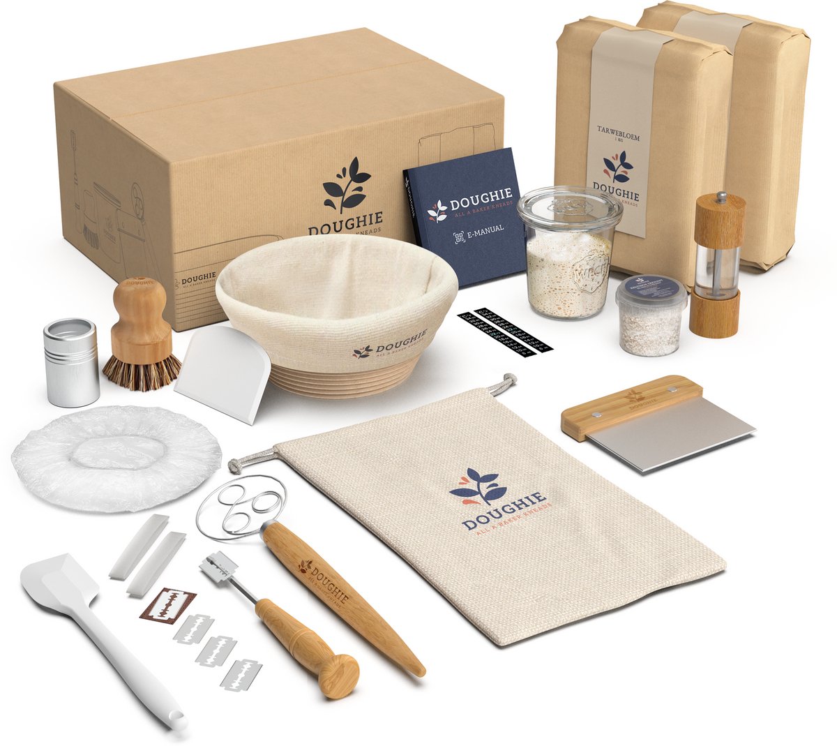 Doughie Zuurdesem Starter Set Deluxe - Met Ronde Rijsmand 20 CM - Alle Bakbenodigdheden - Actieve Zuurdesem Starter - 1kg Tarwebloem - 1kg Roggebloem - Keltisch Zeezout en Molen